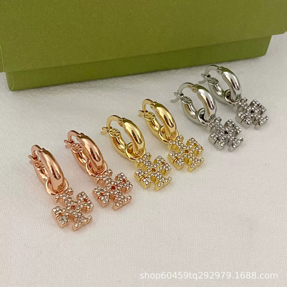 Tory Burch Rhinestone Hoop Earrings Removable Two Way Wear Copper Plated